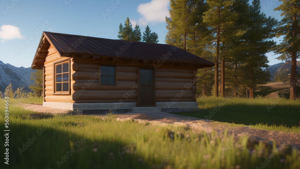 small log cabin on the outskirts, in the middle of the environment, Generative AI small log cabin on the outskirts, in the middle of the environment, Generative AI