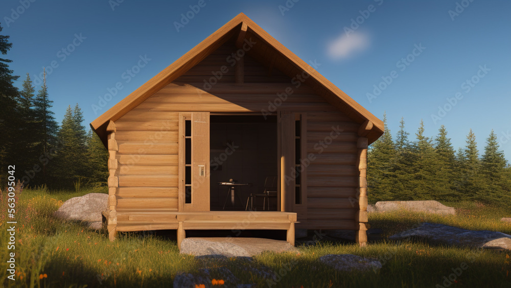 Obraz premium small log cabin on the outskirts, in the middle of the environment, Generative AI