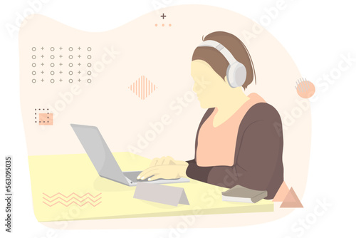 girl working with laptop wearing headphone