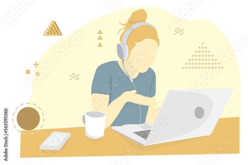 blonde girl working with laptop wearing headphone and enjoy with some coffee