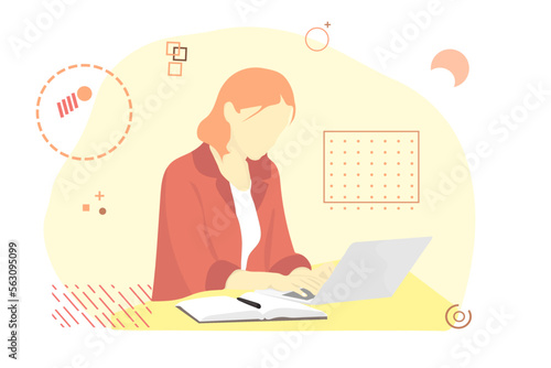 woman working on laptop with notes books and pen in the side