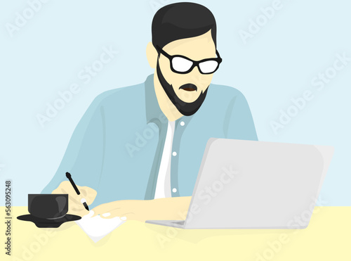 men working with laptop wears glasses and enjoy some coffee