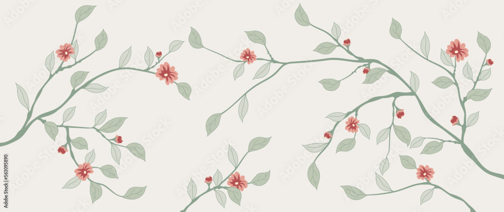 Elegant vector botanical art, background. Delicate tree branches with leaves and flowers and beige background, hand drawn botanical art. For print, cover, decor, walls, packaging, fabric.