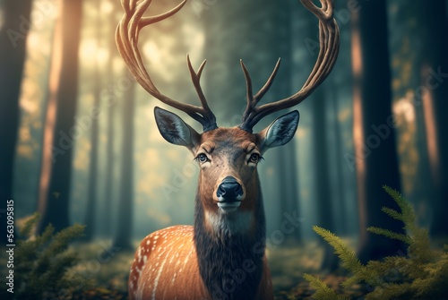 Deer in the forest. Generative AI © AIproduction