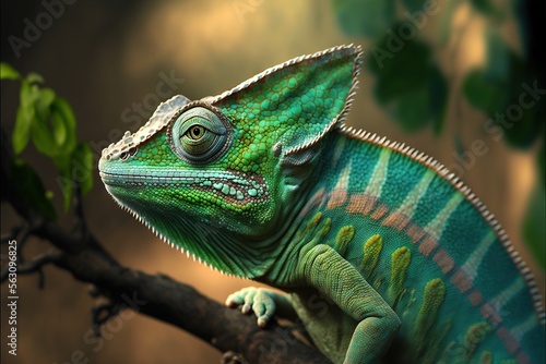 A green chameleon sitting on a tree branch