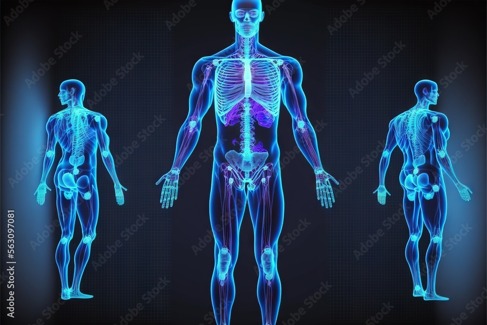a man's skeletal body and skeletal bones are shown in blue light, with