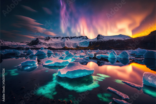 Colorful Northern Lights Sky, Ice Lake , Generative Ai