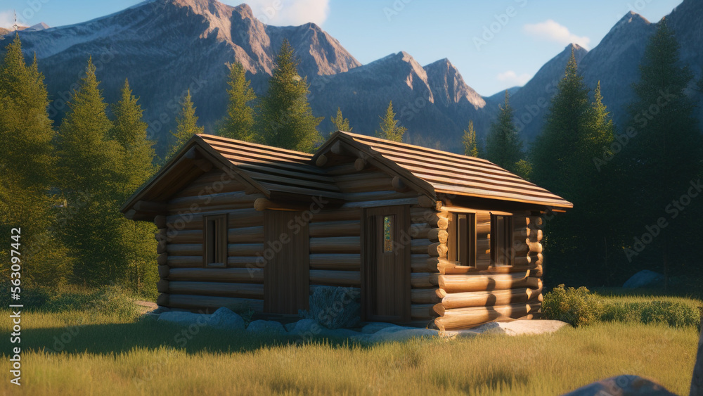 Fototapeta premium small log cabin on the outskirts, in the middle of the environment, Generative AI