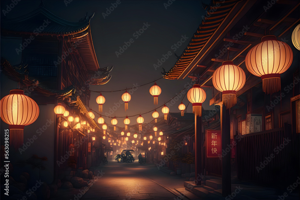 View of a chinese street in a night of chinese new year 2023 celebration, generative ai View of a chinese street in a night of chinese new year 2023 celebration, generative ai