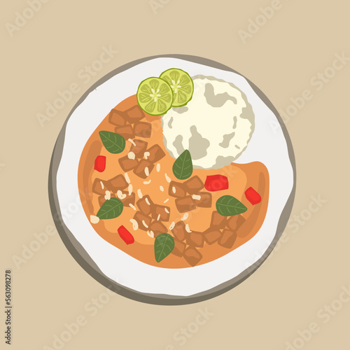 Food illustration Cartoon, Thai curry red soup,Thailand tradition red curry with beef,pork or chicken menu in thai name is panaeng.Curry menu with coconut milk.Panaeng Curry on white plate