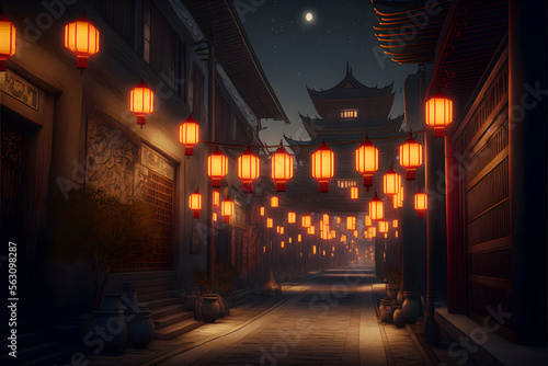 Chinese lantern and chinese temple lights up in chinese lunar year celebration  generative ai 