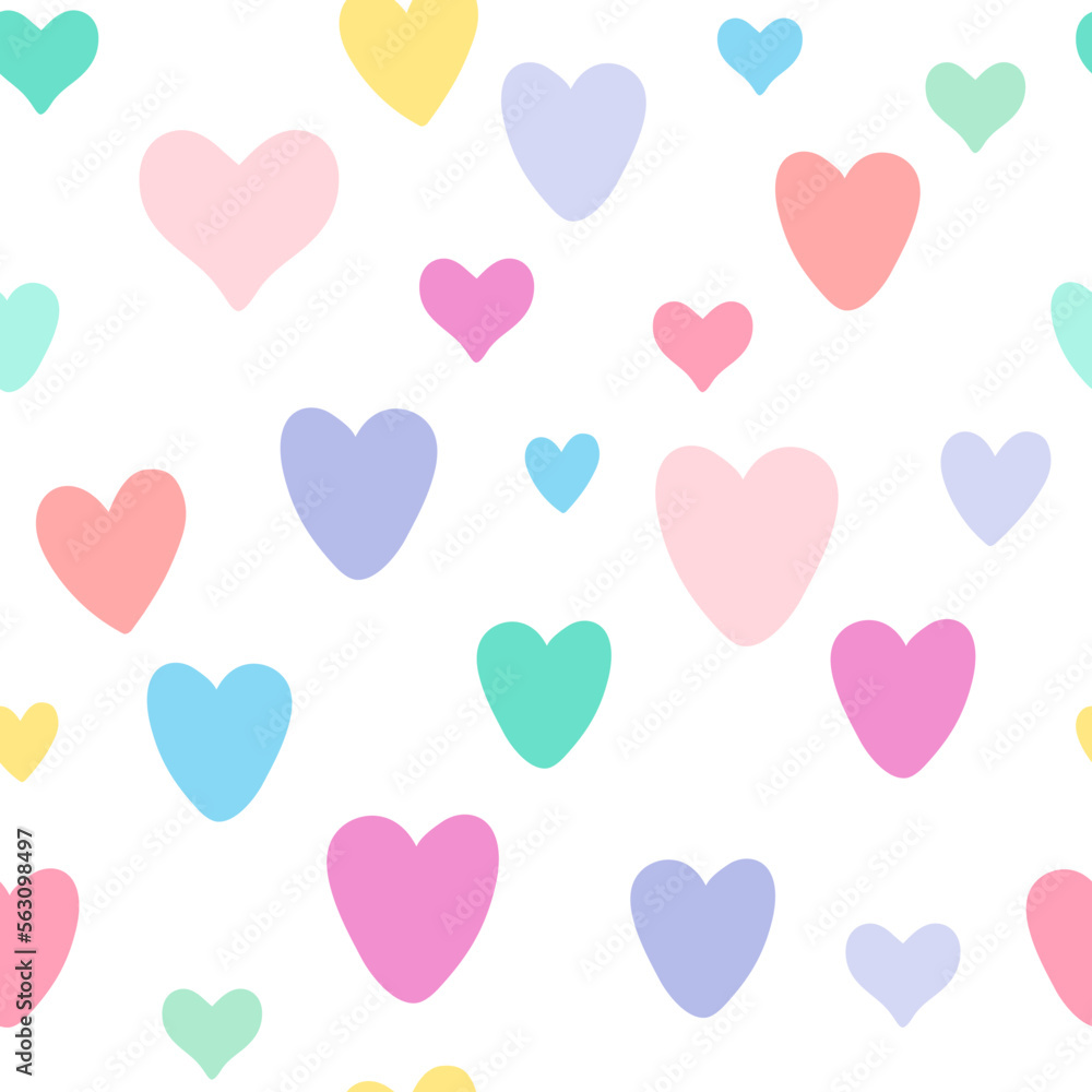 All over seamless vector repeat pattern with cute doodle pastel rainbow hearts on white. Girls, baby, Valentines day backdrop