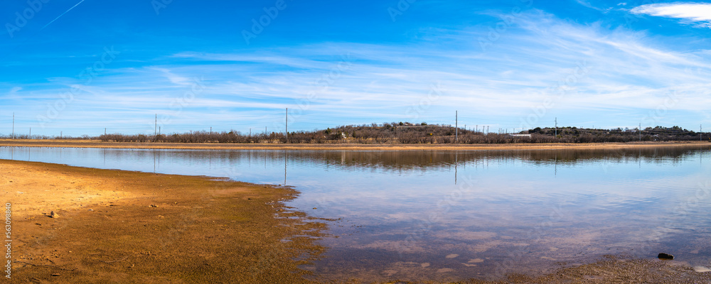 Tranquil sunny landscape of curving cove at Lake Fort Phantom Hill in Abilene, Taylor and Jones Counties, Texas, USA