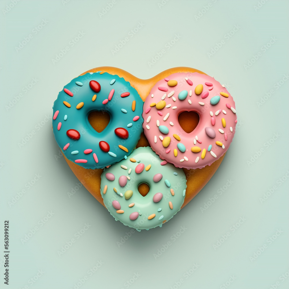 Generative AI illustration of a heart shaped donut, with pastel colors, and light background. Valentine'stheme concept sweet Generative AI illustration of a heart shaped donut, with pastel colors, and light background. Valentine'stheme concept sweet
