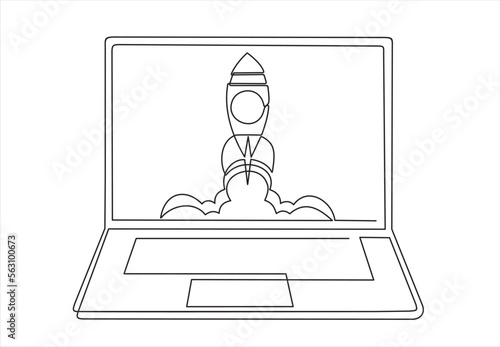 Continuous one line drawing of Rocket launch, ship on screen laptop. Continuous line drawing. Startup business. Vector illustration. Isolated on white background.