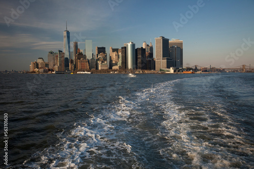 Lower Manhattan skyline at sunset from the Staten Island Ferry, New York