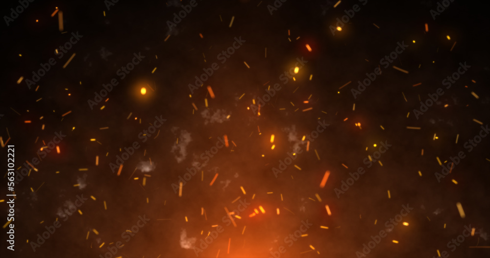 Abstract orange fiery sparks and smoke from a bonfire with fire, abstract background Abstract orange fiery sparks and smoke from a bonfire with fire, abstract background