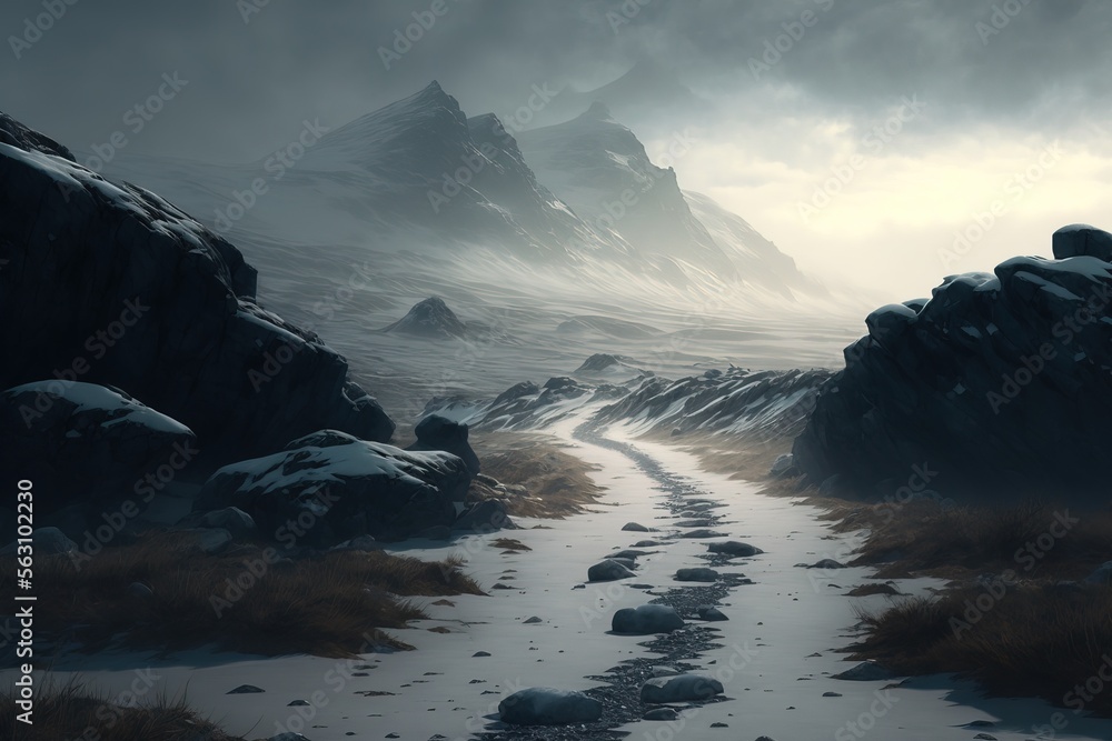 snow path in a barren winter mountainscape. Snowing cold road. stone cliff. fantasy winter path.