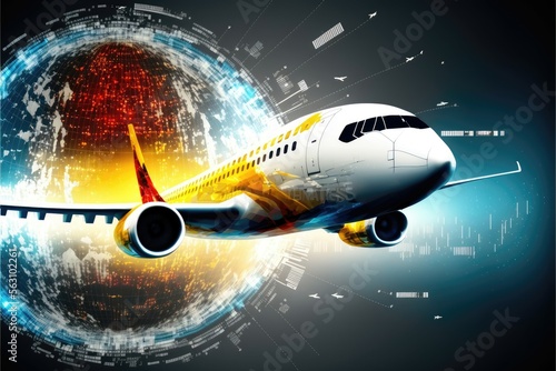 Generative AI global plane business transport , blue and yellow futuristic internet conexions digital world