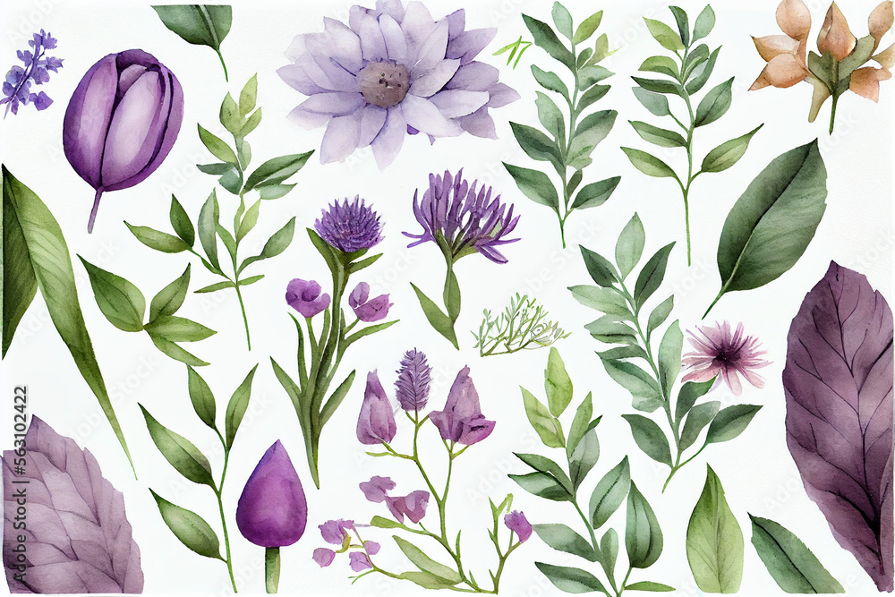 Fototapeta premium Artistic Nature: A Hand-drawn Seamless Watercolor Pattern with Purple Flowers and Leaves, AI Generated
