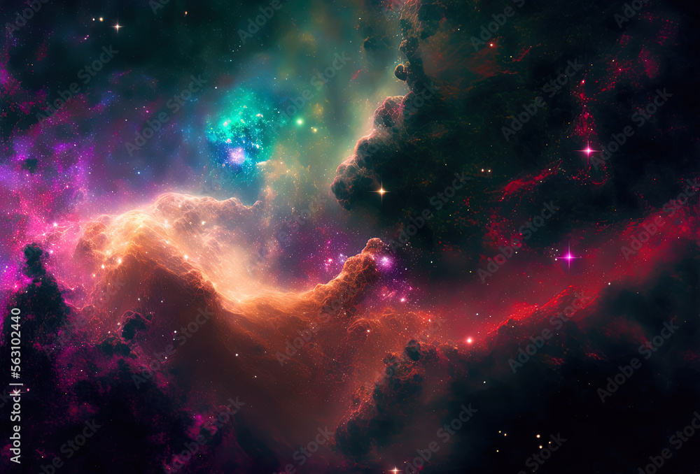 Fototapeta premium Galaxy in deep space, beautiful fantasy illustrative backdrop. Colorful illustration of space. Generative art.