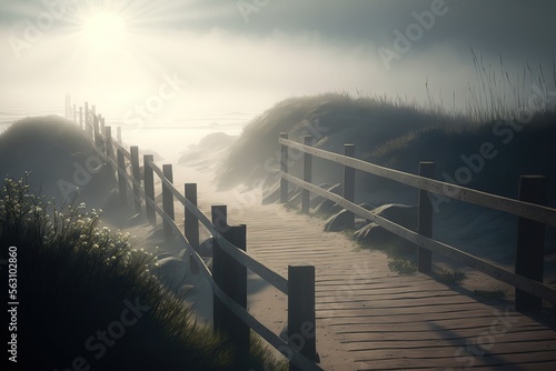 misty sand path with wood railing fence leading to the beach shore.