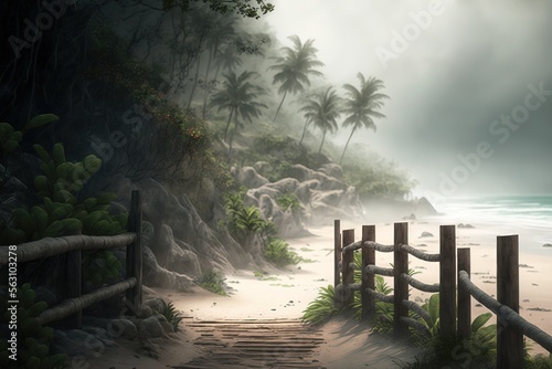 sand path with wooden fence on both sides  leading to the ocean shore. sandy and windy. early morning isolated tropical beach clearing. 