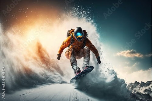  a man in a space suit snowboarding on a mountain slope with a sky background and clouds in the background, with a sun shining on the horizon of the horizon, and the image. generative ai