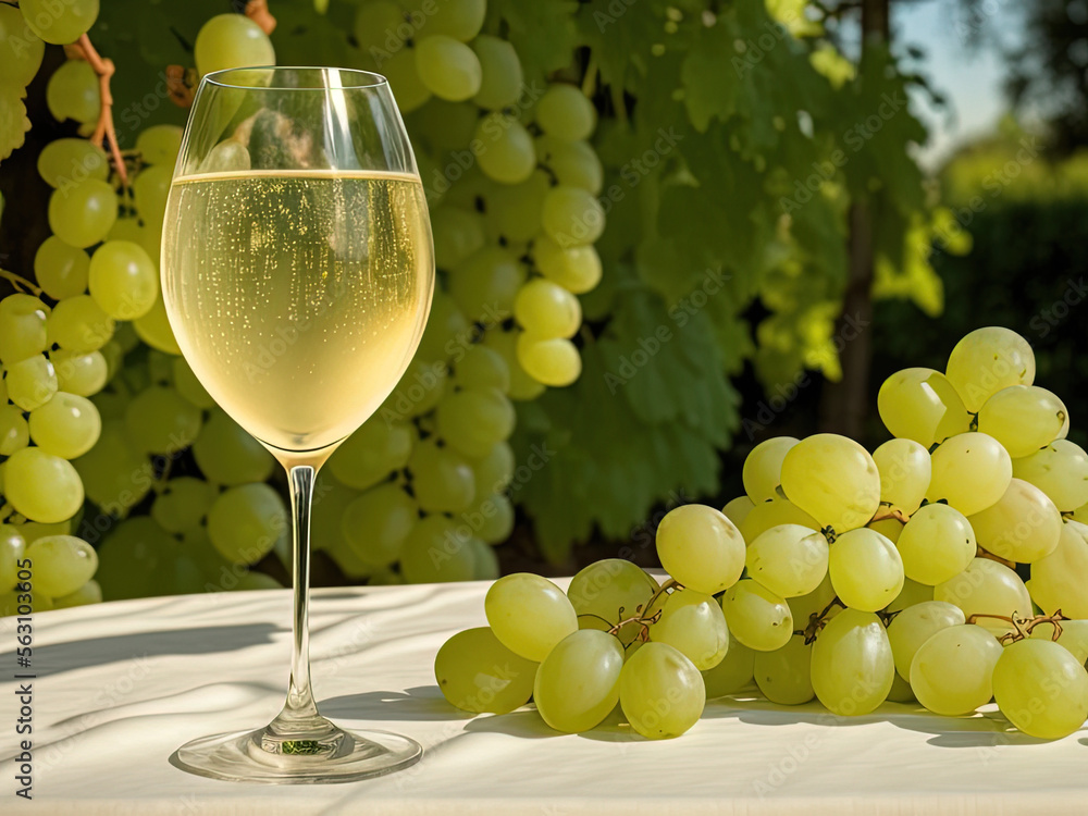 Elegant White Wine Glass with White Grapes on a White Tablecloth in a Vineyard, Generative AI Elegant White Wine Glass with White Grapes on a White Tablecloth in a Vineyard, Generative AI