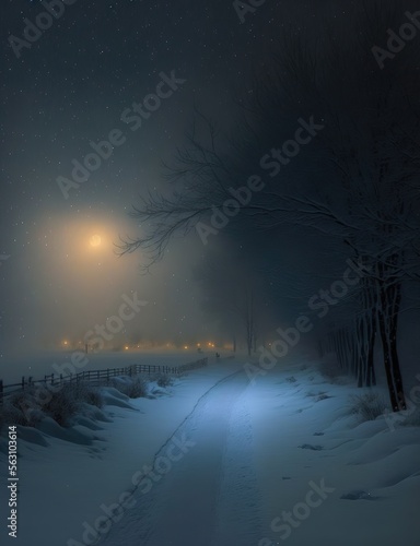snowstorm in a melancholic winter landscape. city lights in the distance. snowing rural winter road. 