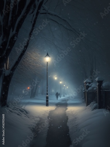 path in winter landscape. light posts. lamp posts leading to the horizon. frozen night road. © ana
