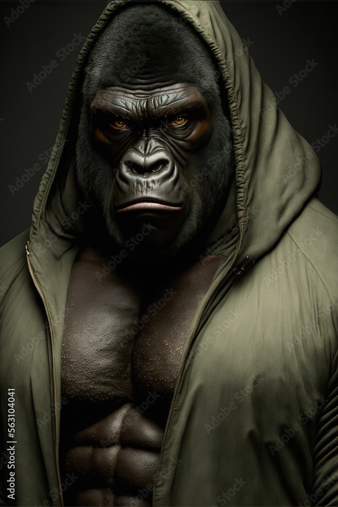 a gorilla wearing a hoodie and a jacket with a hood on it's face and a  hoodie on his head, with a black background, a dark background, a black.  generative ai Illustration