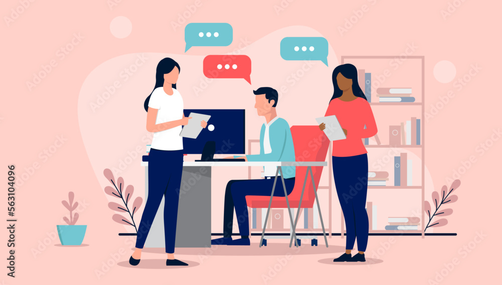 Office people working - Team of three businesspeople doing work, talking and having discussion in the workplace with speech bubbles. Flat design vector illustration