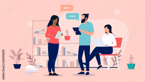 People at work talking - Three vector characters in office workplace having conversation and discussion with speech bubbles. Flat design illustration