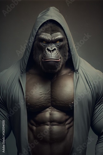  a gorilla with a hoodie on and a shirt on, with his hands in his pockets, is posing for a picture in front of a dark background with a hoodie and a. generative ai photo