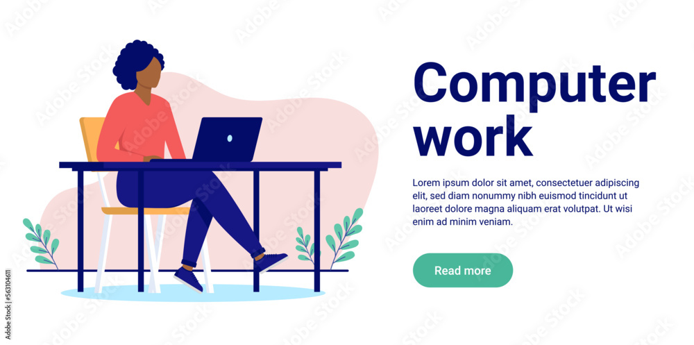Computer work - African American woman sitting at desk working with IT on laptop computer. Flat design vector illustration with white background and copy space for text