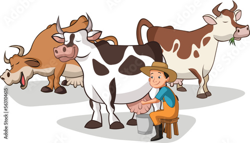 Cartoon farmer milking cow. Farm worker.

