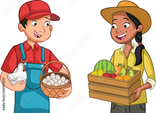Cartoon farmers with chicken and fruits. Farm workers.
