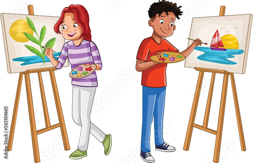 Cartoon teens painting on canvas. Teenagers painting nature images.

