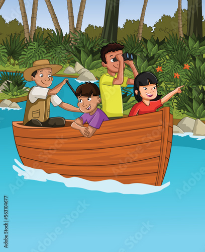 Big forest with cartoon children on a boat. Adventure in the jungle. 