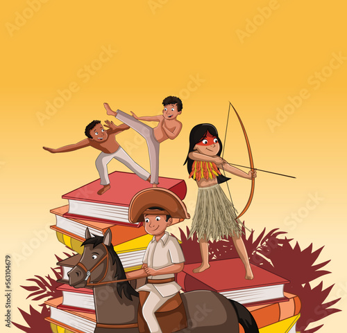 History characters form Brazil. Indian woman, man playing capoeira and horse man.

