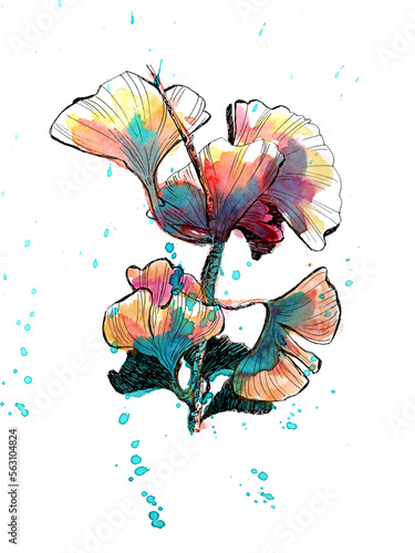 Feuilles de ginkgo illustration dessinée à la main aquarelle et encre minimaliste multicolore