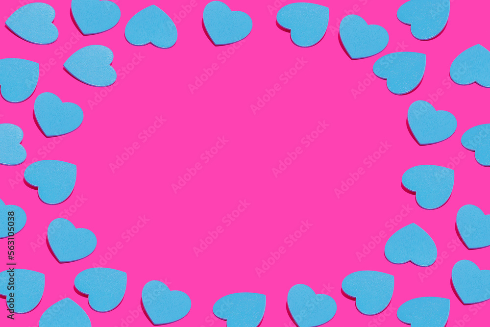 Minimal love, Valentine's Day idea. Seamless pattern of blue hearts on vivid pink background.