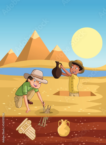 Cartoon paleontology kids working on excavation. Children digging artifact in Egypt.
