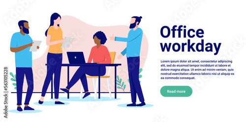 Office workday - Group of people at work in a normal day at the office. Flat design vector illustration with white background and copy space for text