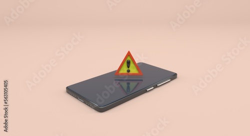 mobile phone with warning sign on plain background (3d illustration)