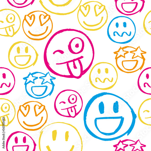 Emojis, Seamless pattern, happy, sad, tense faces print, varied expressions. Backdrop, background. Hand drawn with marker pen. Fun characters for kids. Vector illustration design surface.