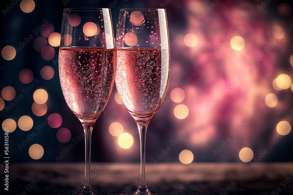 Valenttnes day celebration toast, pink champagne glasses close up, bokeh lights background. AI generative - obrazy, fototapety, plakaty 