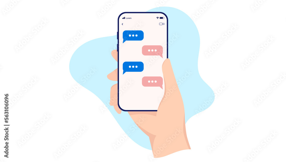 Text messages on mobile phone - Hand holding smartphone with abstract text communication on screen. Flat design vector illustration with white background Text messages on mobile phone - Hand holding smartphone with abstract text communication on screen. Flat design vector illustration with white background