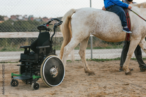 Tablou pe pânză Wheelchair parked at an equine therapy center